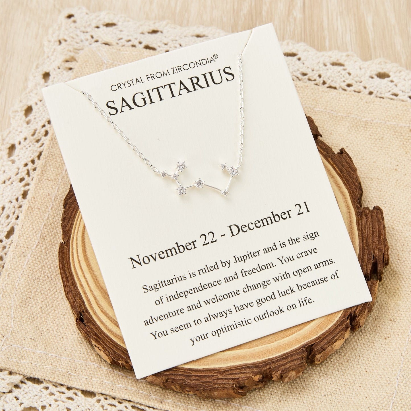 Sagittarius Star Sign Zodiac Constellation Necklace and Quote Card with Zircondia® Crystals