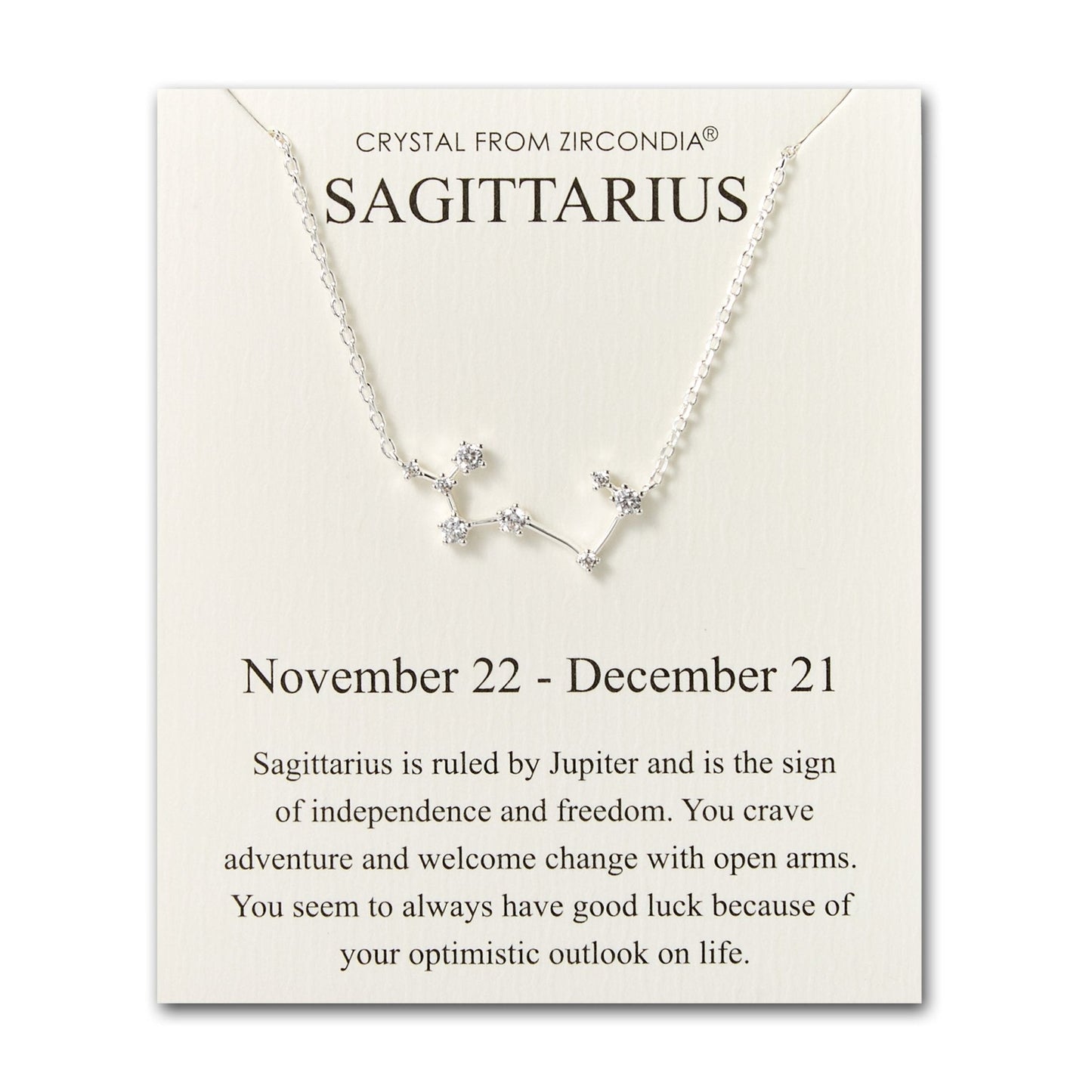 Sagittarius Star Sign Zodiac Constellation Necklace and Quote Card with Zircondia® Crystals