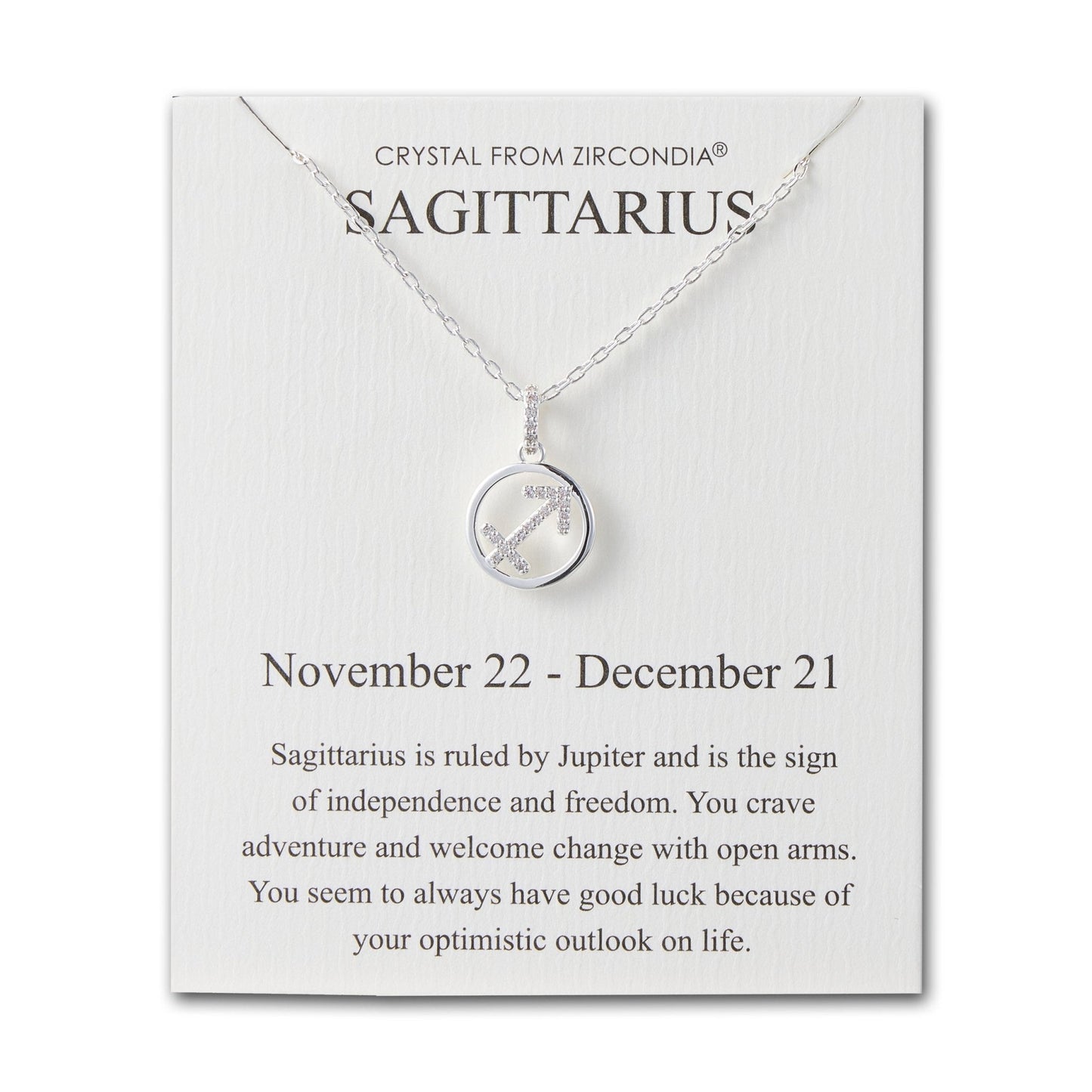 Sagittarius Star Sign Zodiac Necklace and Quote Card with Zircondia® Crystals