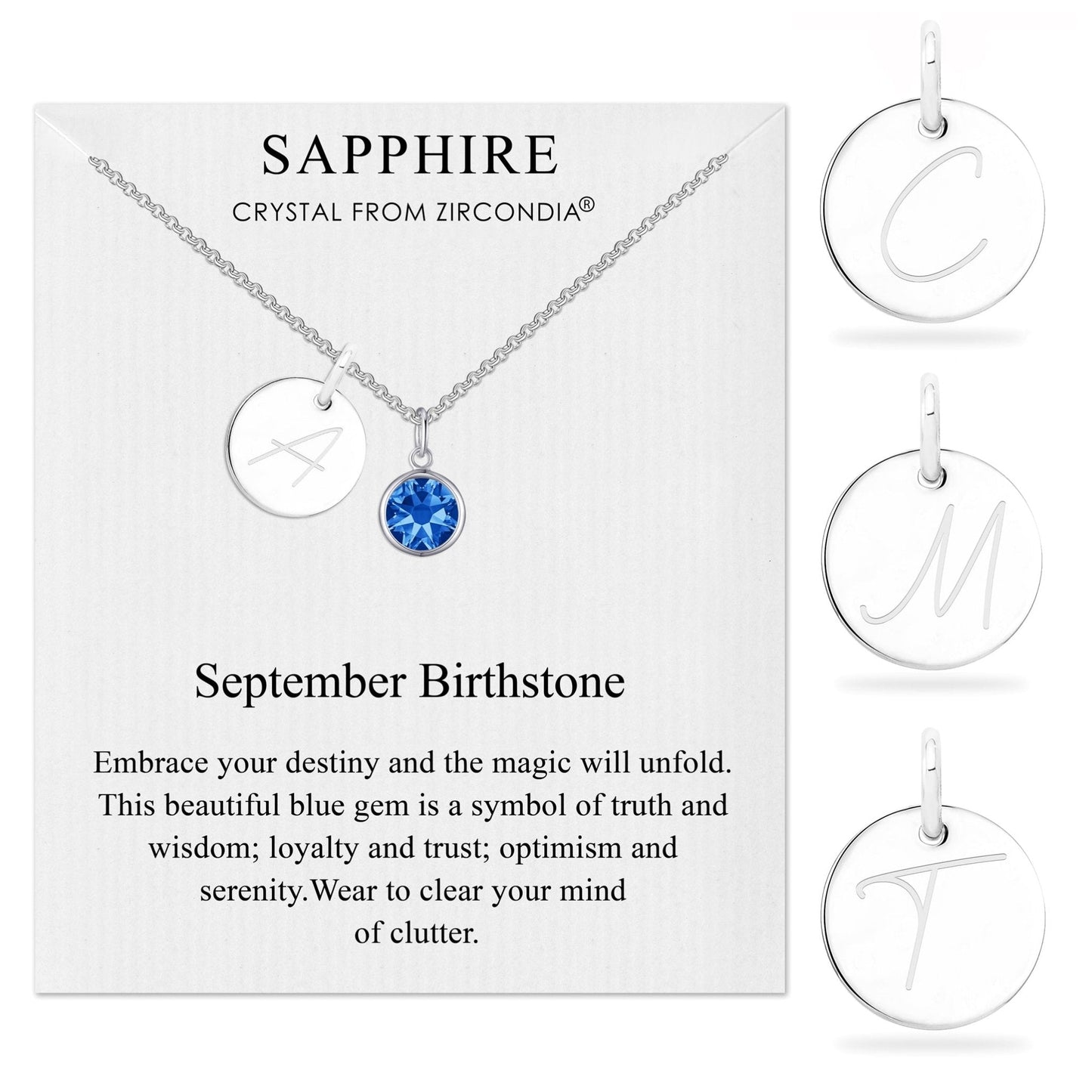 September (Sapphire) Birthstone Necklace with Initial Charm (A to Z) Created with Zircondia® Crystals