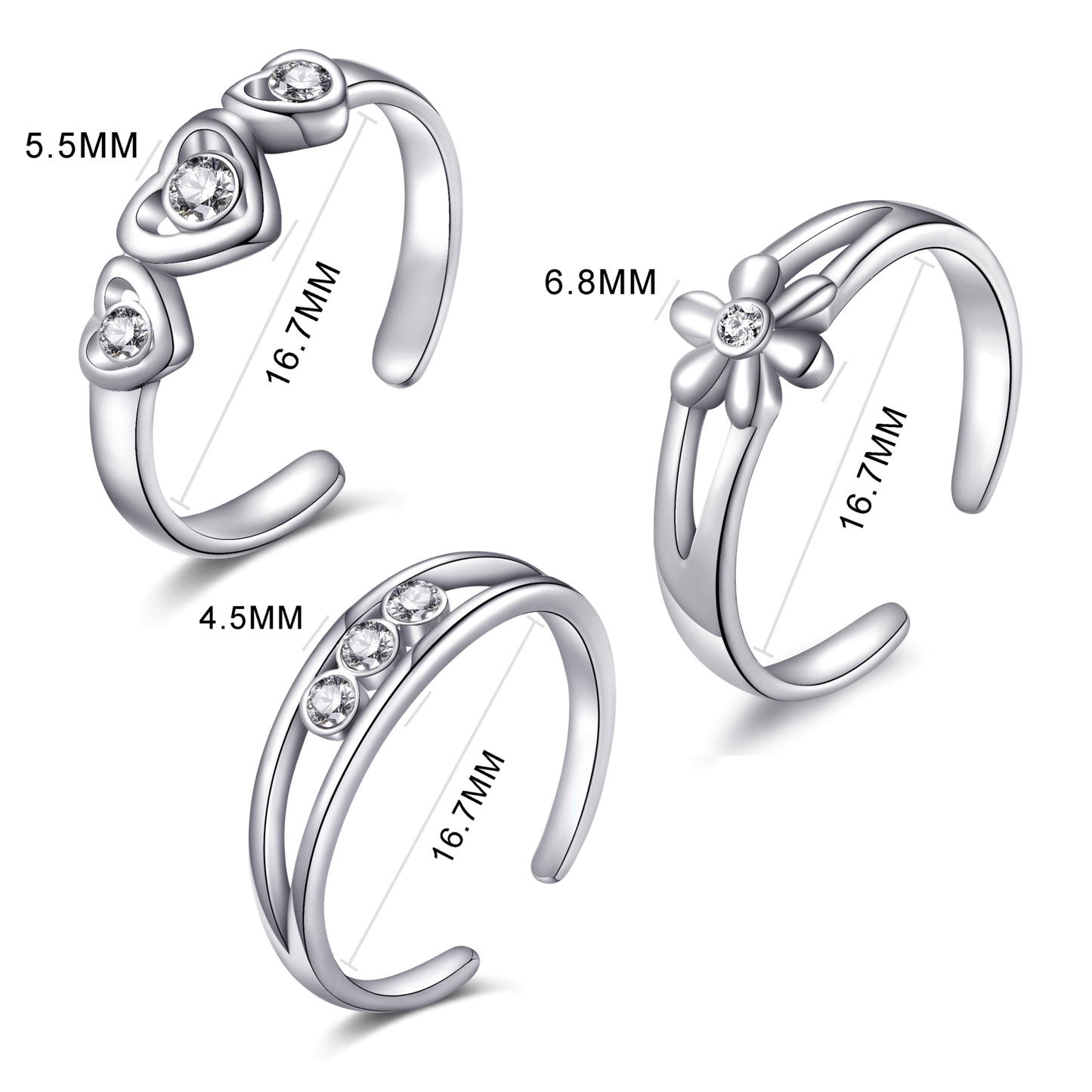 Set of Three Silver Plated Adjustable Toe Rings Created with Zircondia® Crystals
