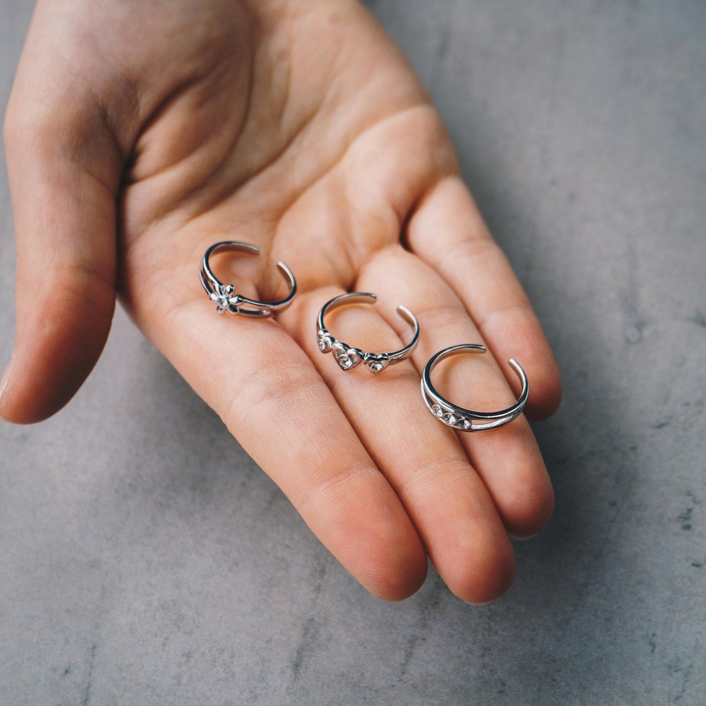 Set of Three Silver Plated Adjustable Toe Rings Created with Zircondia® Crystals