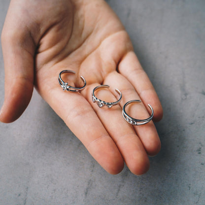 Set of Three Silver Plated Adjustable Toe Rings Created with Zircondia® Crystals