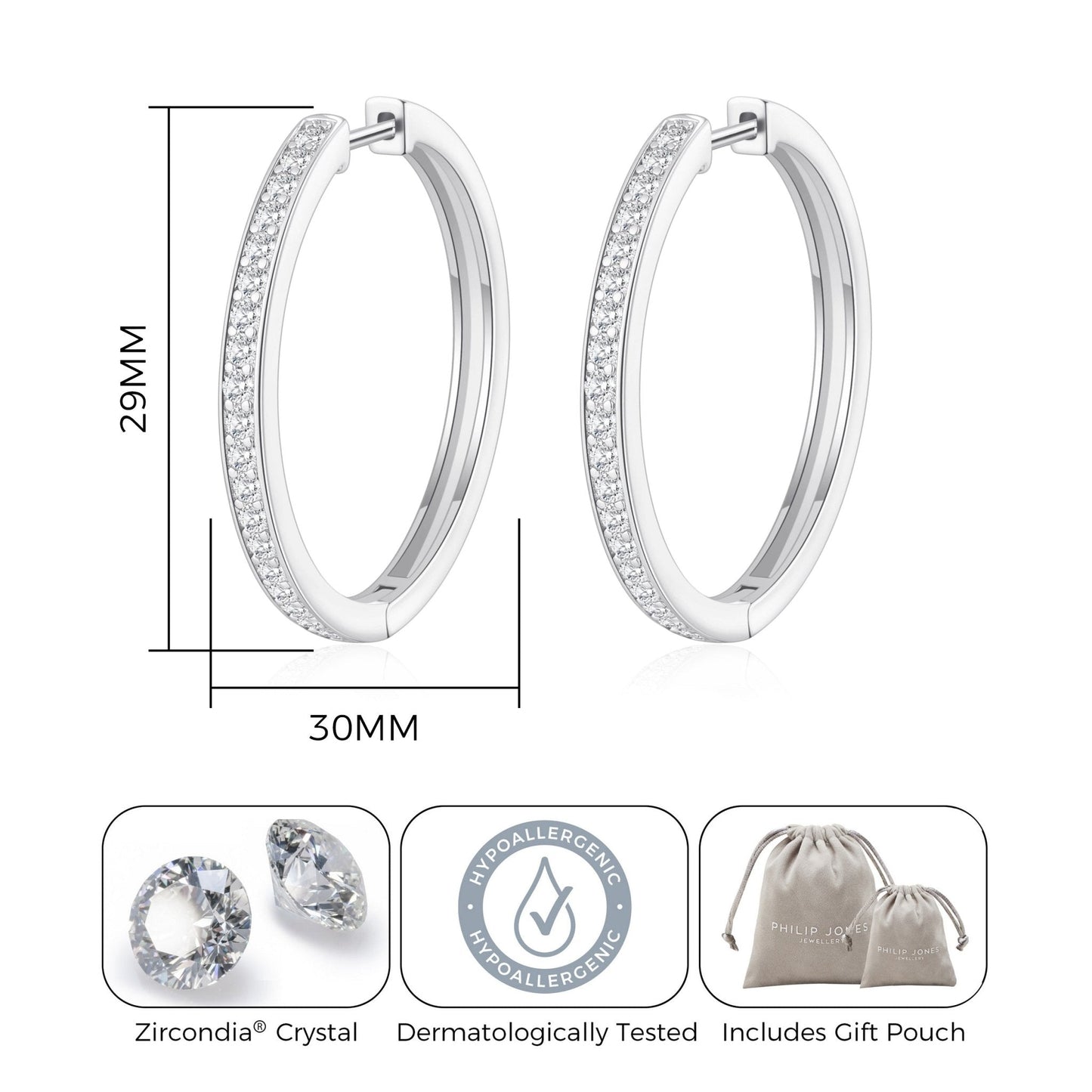 Silver Plated 30mm Hoop Earrings Created with Zircondia® Crystals