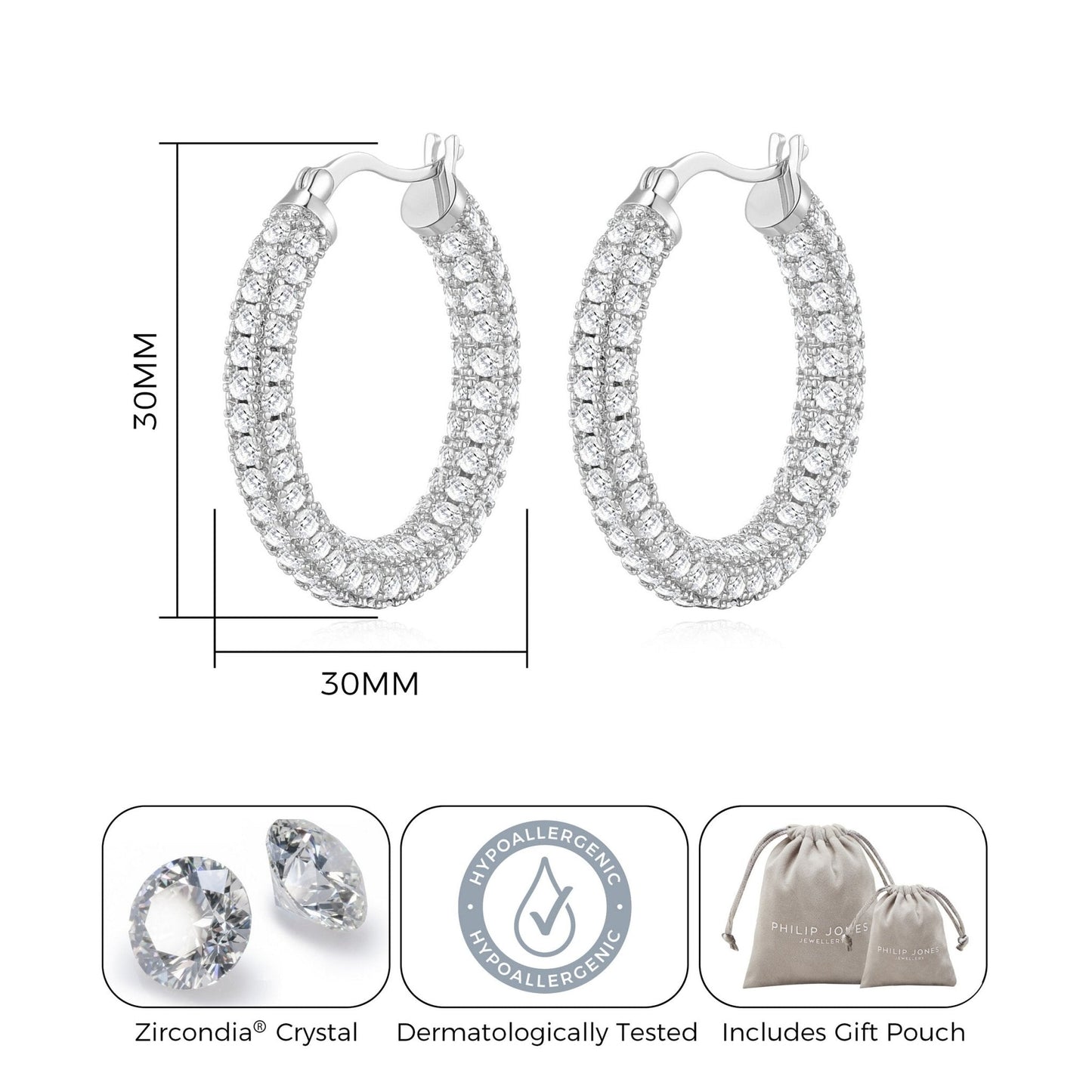 Silver Plated 30mm Pave Hoop Earrings Created with Zircondia® Crystals