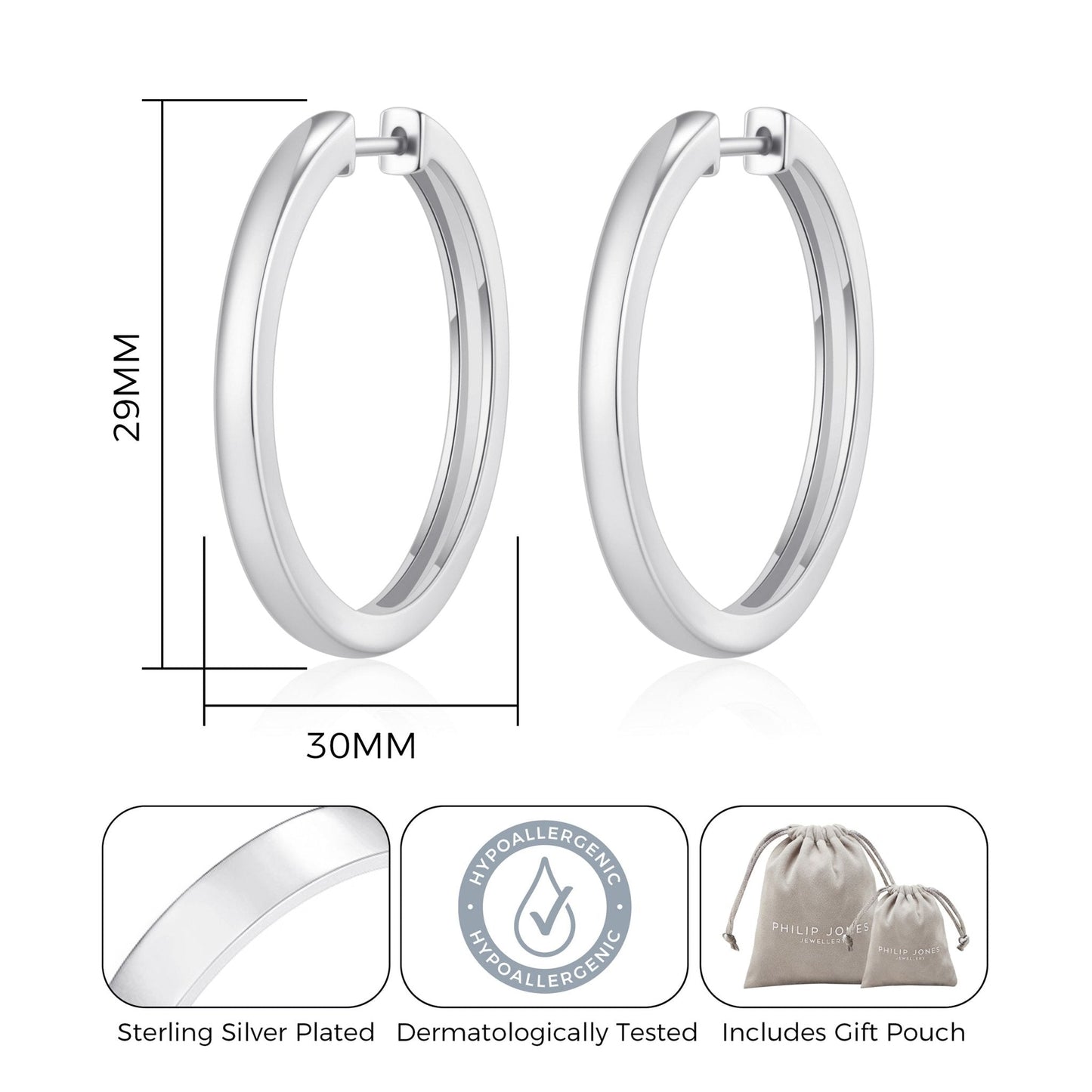 Silver Plated 30mm Plain Hoop Earrings