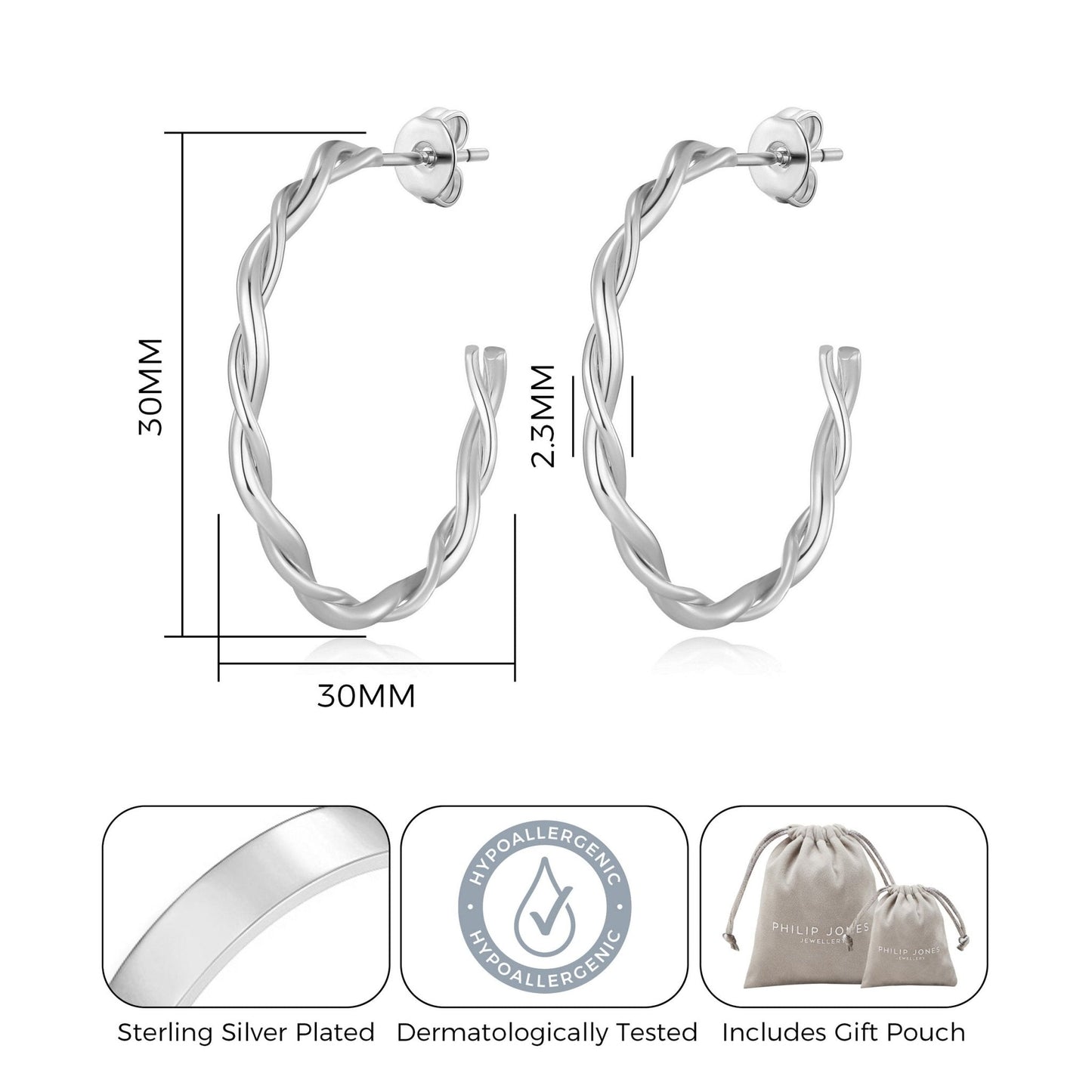 Silver Plated 30mm Twisted Hoop Earrings
