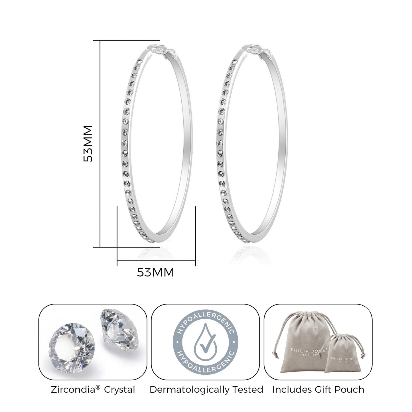 Silver Plated 50mm Hoop Earrings Created with Zircondia® Crystals