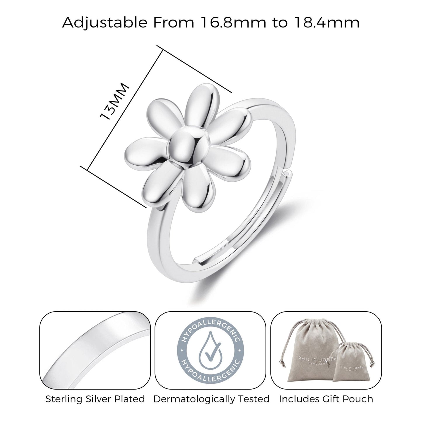 Silver Plated Adjustable Daisy Ring