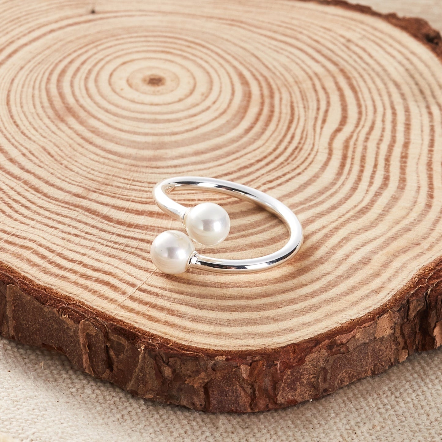 Silver Plated Adjustable Double Pearl Ring