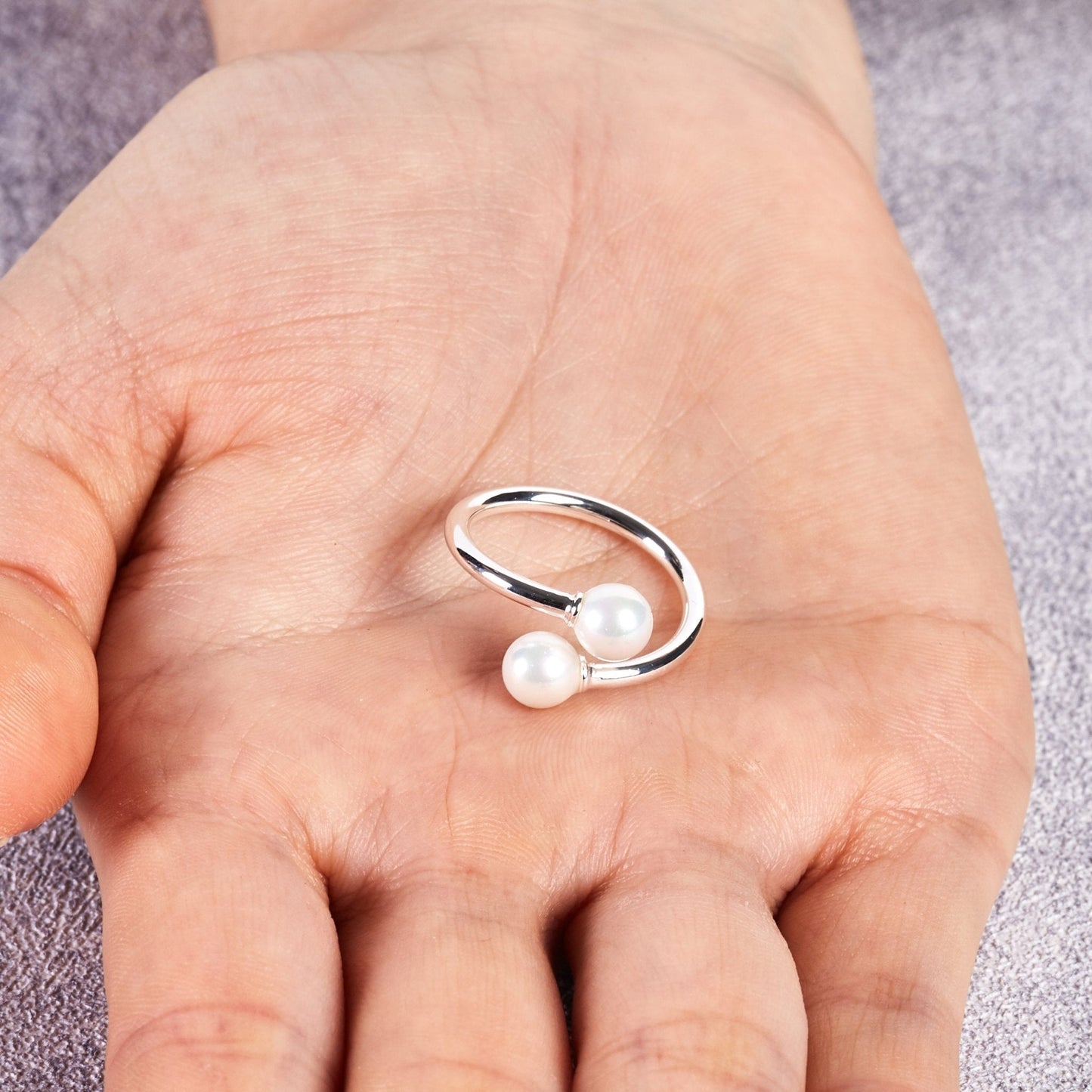 Silver Plated Adjustable Double Pearl Ring