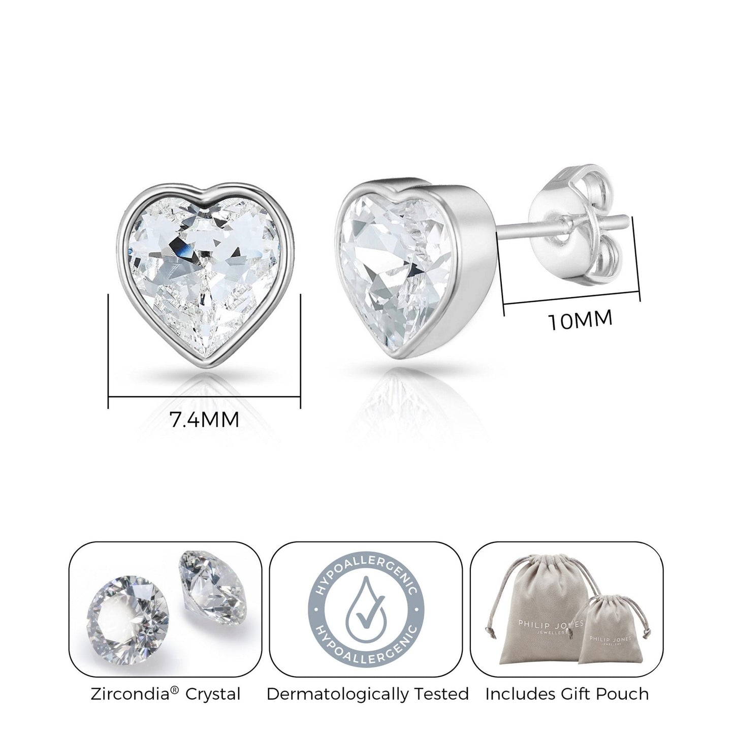 Silver Plated Bezel set Heart Earrings Created with Zircondia® Crystals