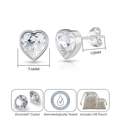 Silver Plated Bezel set Heart Earrings Created with Zircondia® Crystals