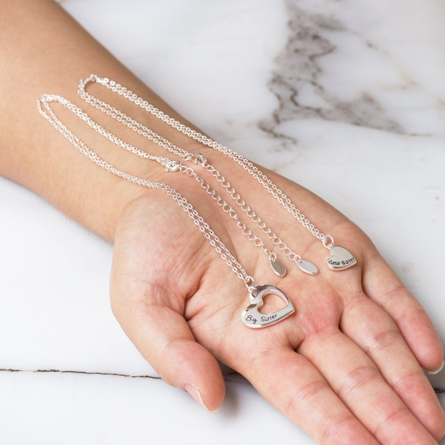 Silver Plated Big Sister and Little Sister Necklace Set with Quote Card