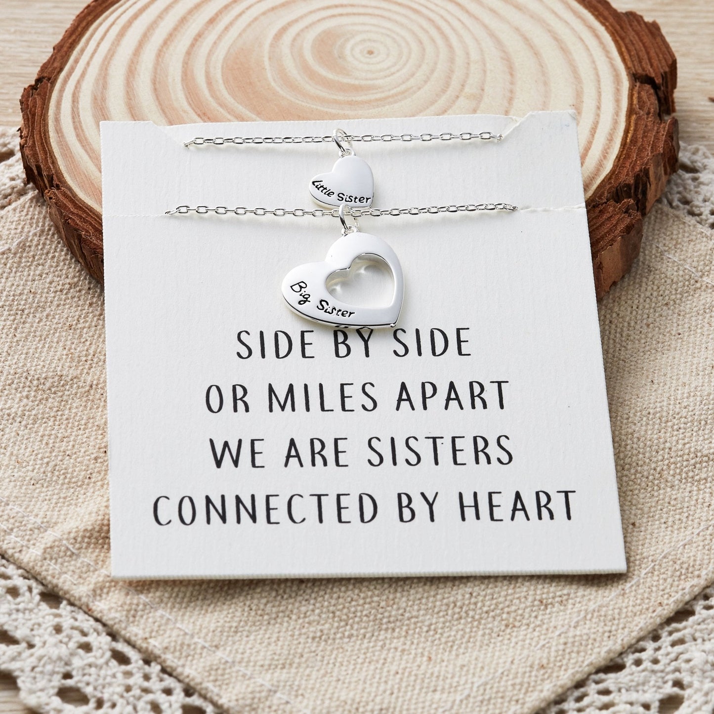 Silver Plated Big Sister and Little Sister Necklace Set with Quote Card
