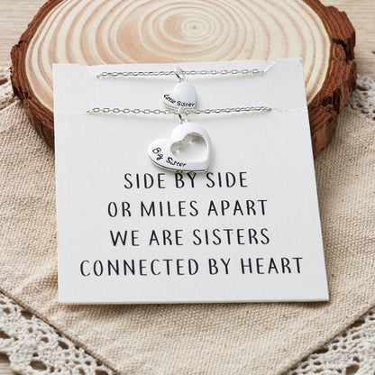 Silver Plated Big Sister and Little Sister Necklace Set with Quote Card