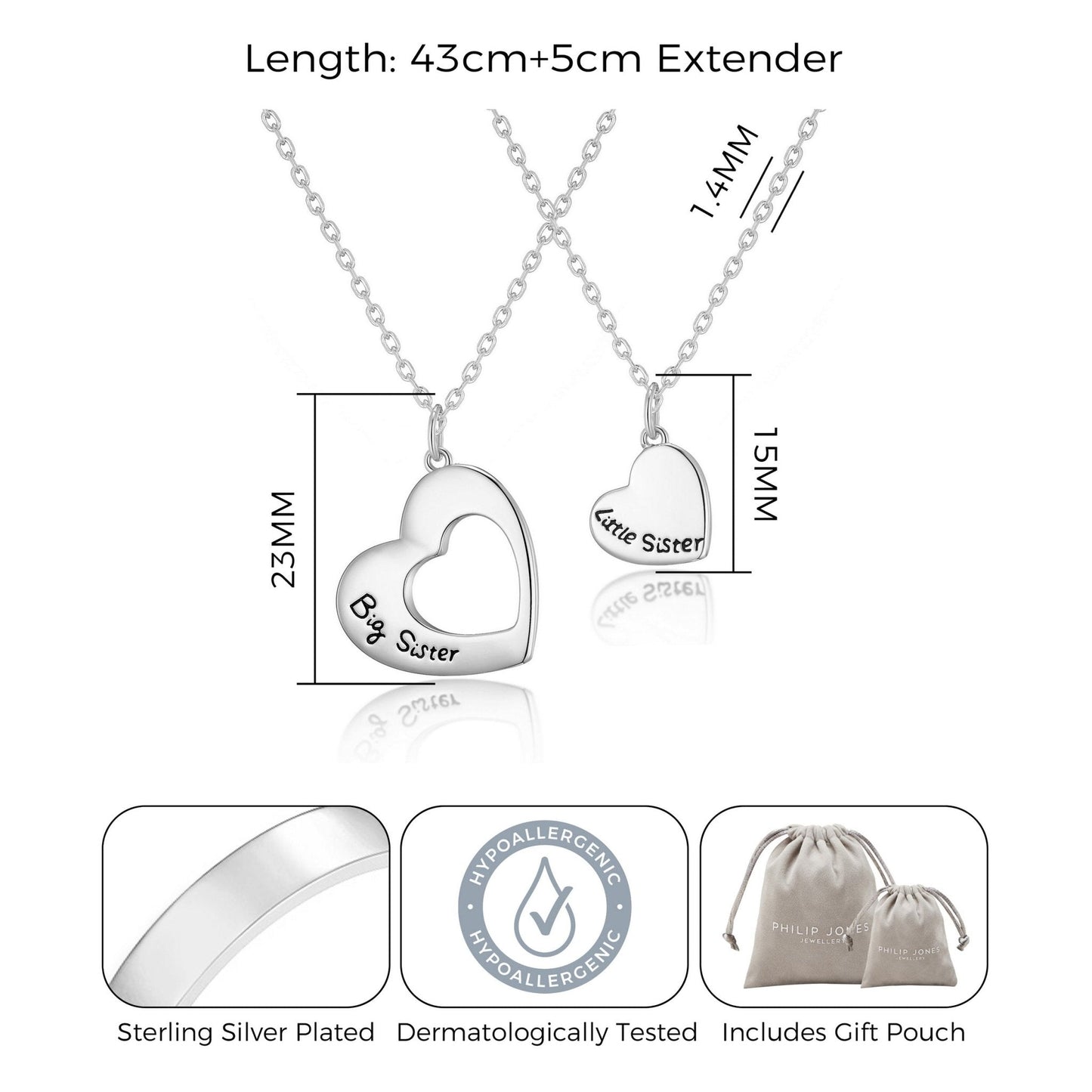 Silver Plated Big Sister and Little Sister Necklace Set with Quote Card