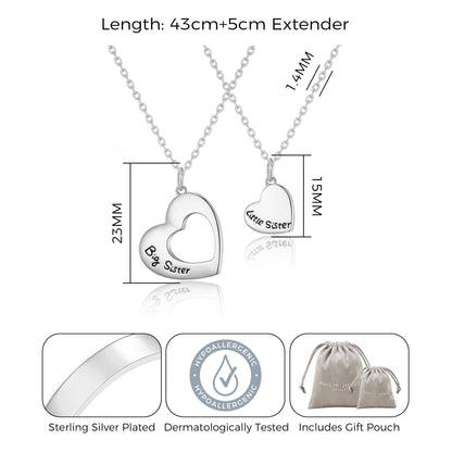 Silver Plated Big Sister and Little Sister Necklace Set with Quote Card