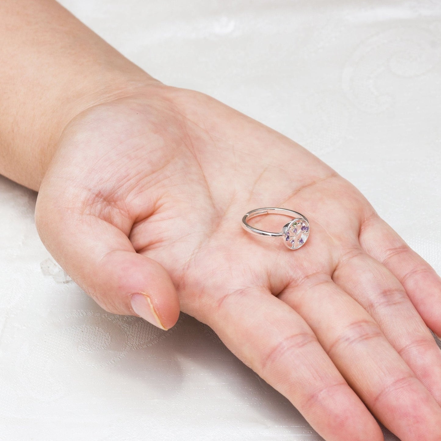 Silver Plated Chakra Tree of Life Ring Created with Zircondia® Crystals