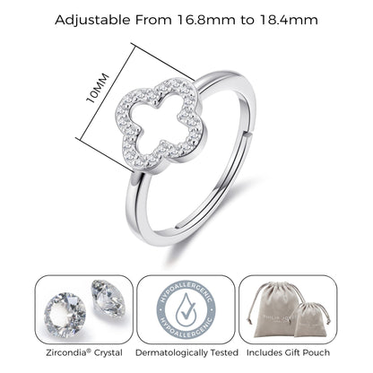Silver Plated Clover Ring Created with Zircondia® Crystals