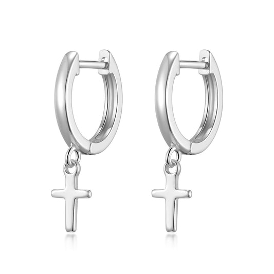 Silver Plated Cross Charm Hoop Earrings