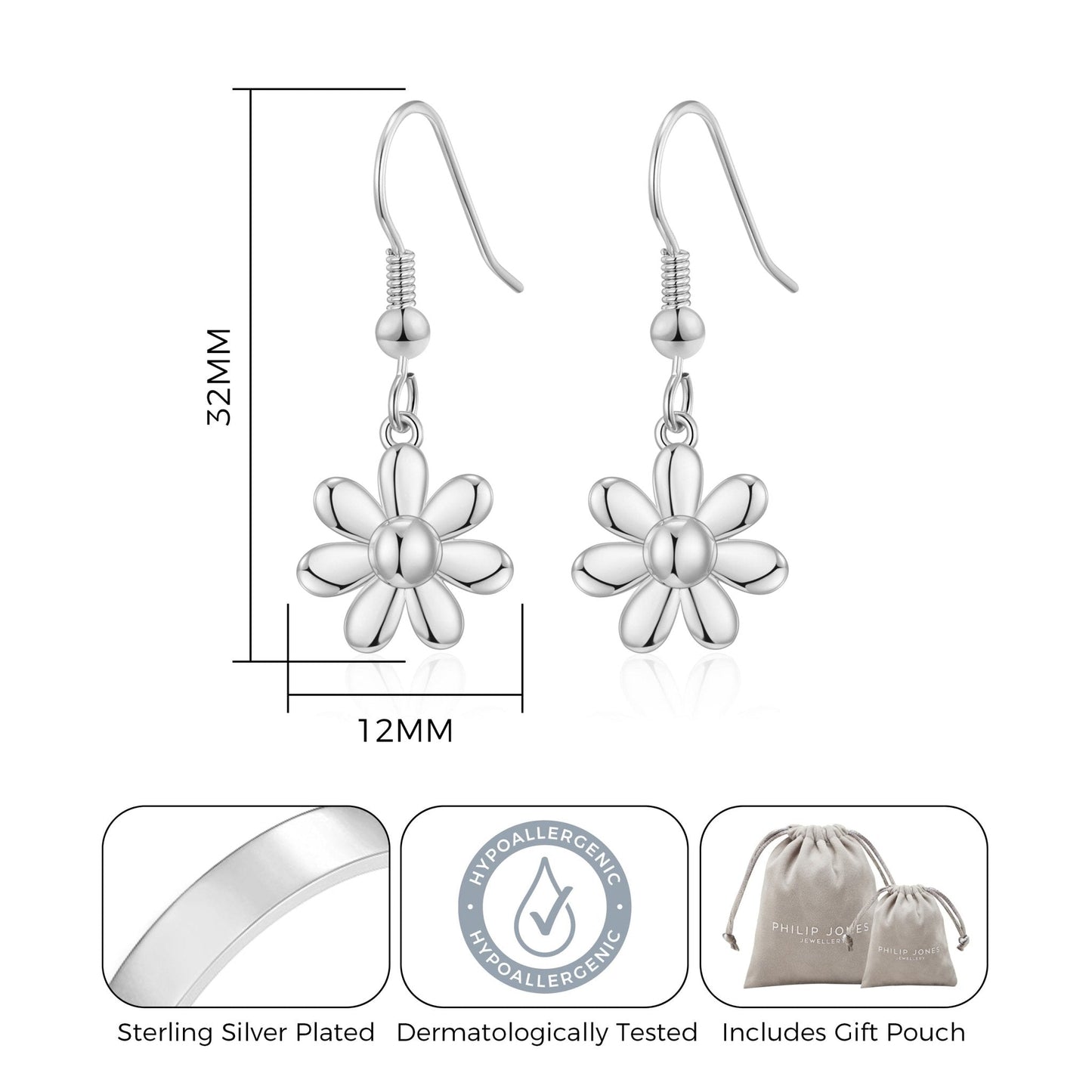 Silver Plated Daisy Drop Earrings