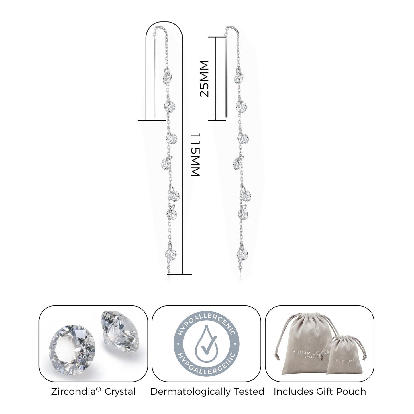 Silver Plated Dangle Thread Earrings Created with Zircondia® Crystals