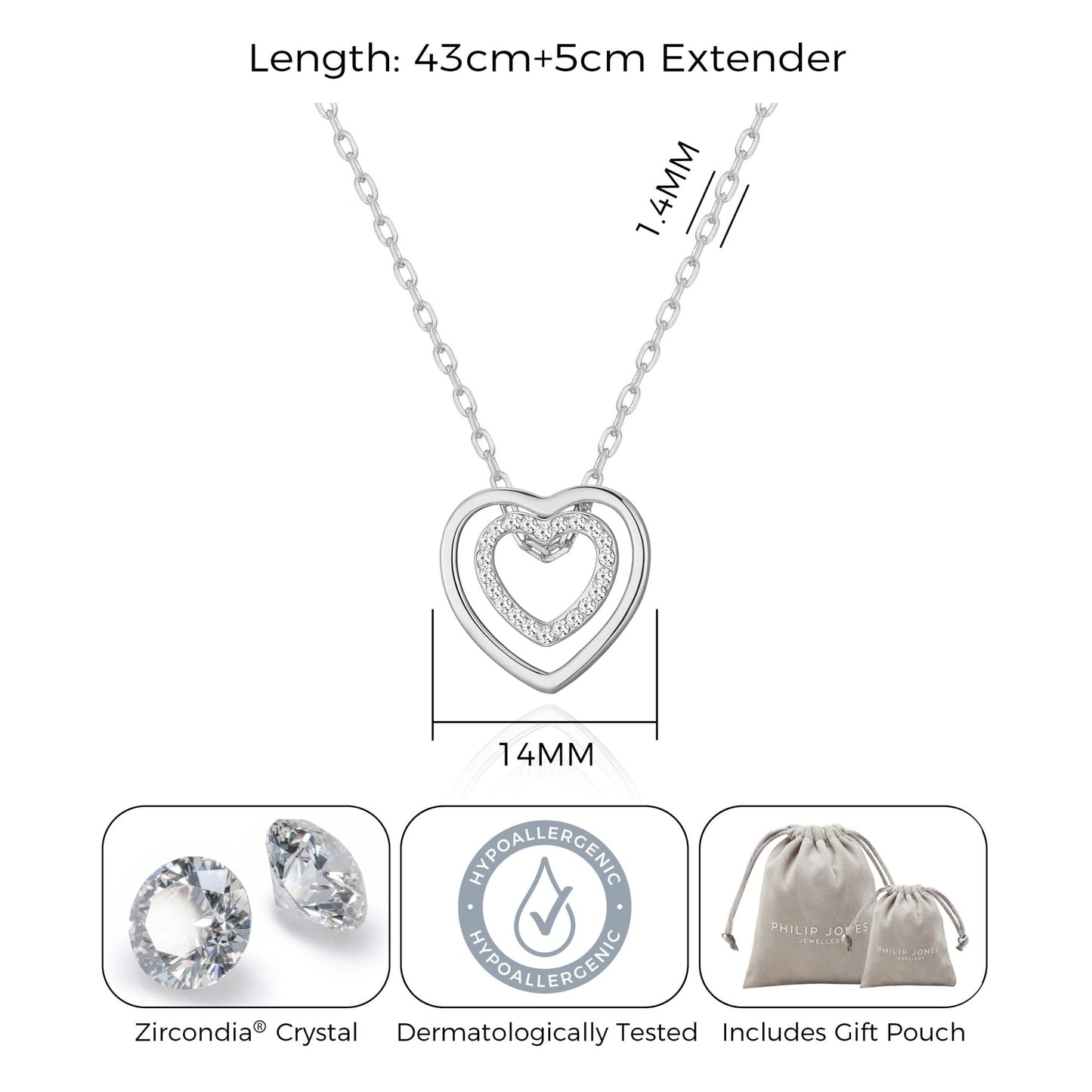 Silver Plated Double Heart Necklace Created with Zircondia® Crystals