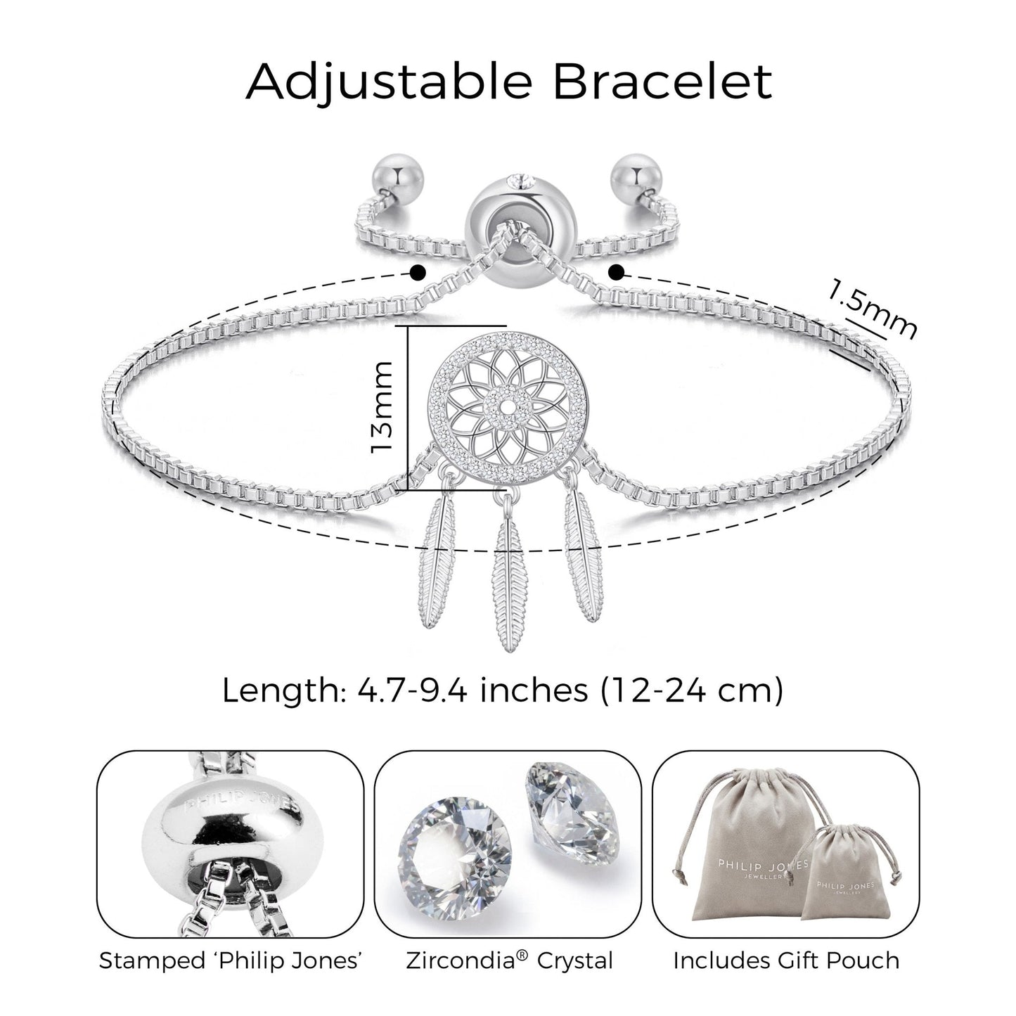 Silver Plated Dream Catcher Friendship Bracelet Created with Zircondia® Crystals