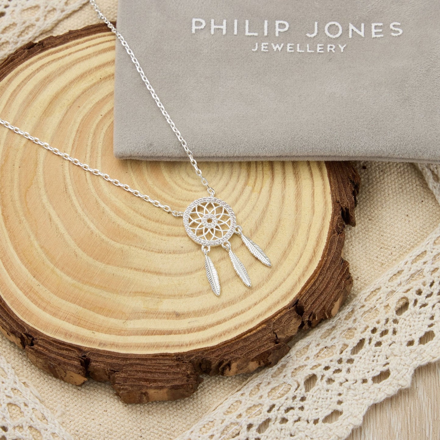 Silver Plated Dream Catcher Necklace Created with Zircondia® Crystals