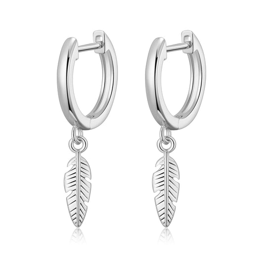 Silver Plated Feather Charm Hoop Earrings