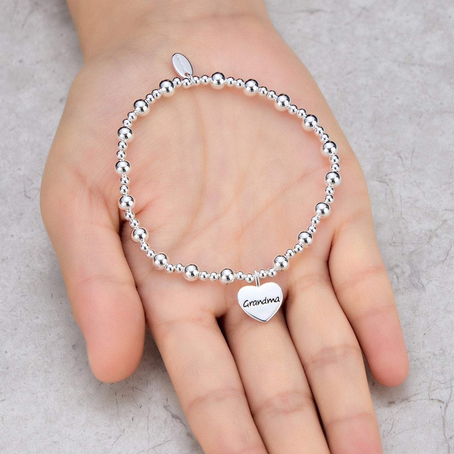 Silver Plated Grandma Heart Charm Beaded Stretch Bracelet