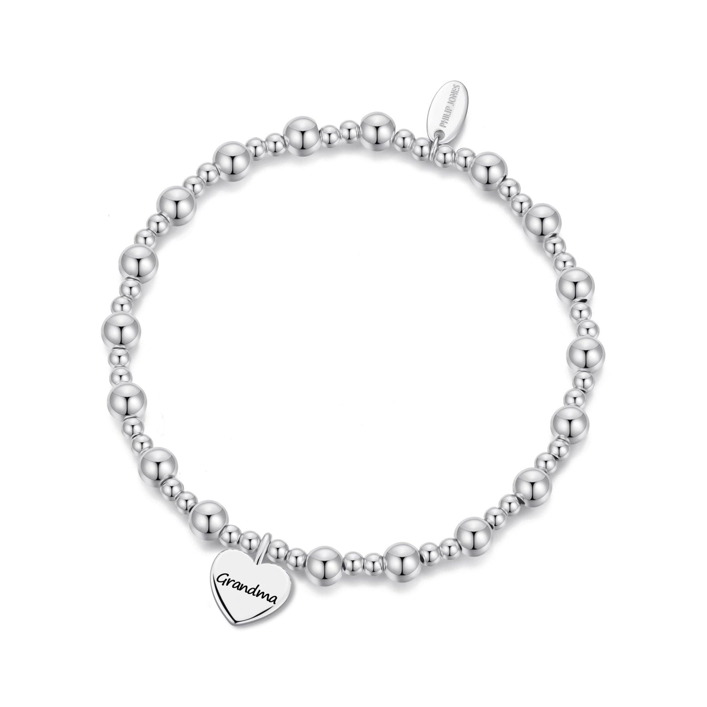 Silver Plated Grandma Heart Charm Beaded Stretch Bracelet