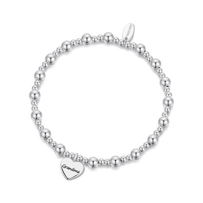 Silver Plated Grandma Heart Charm Beaded Stretch Bracelet