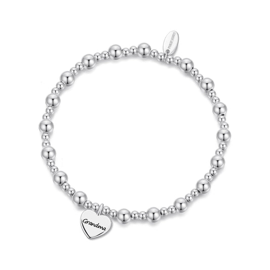 Silver Plated Grandma Heart Charm Beaded Stretch Bracelet