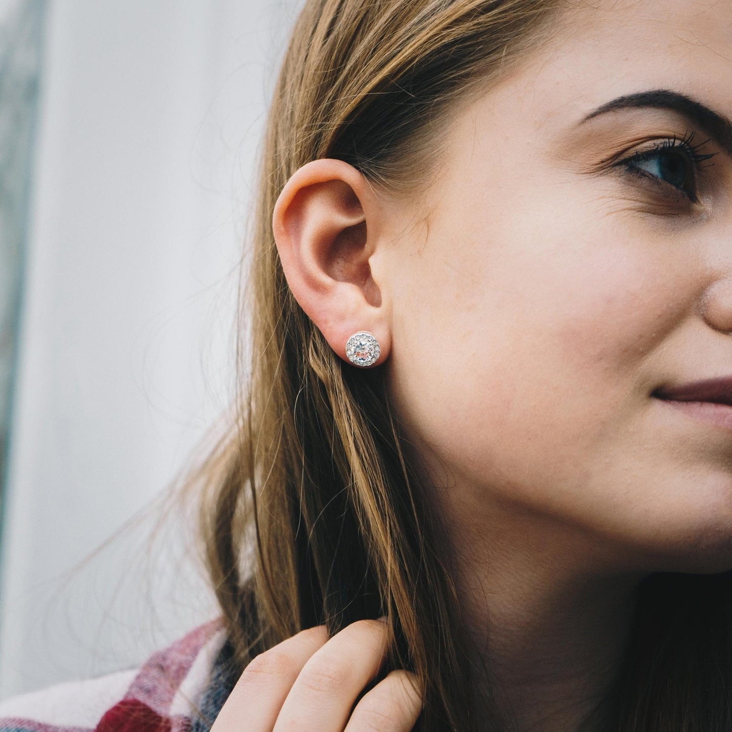 Silver Plated Halo Earrings Created with Zircondia® Crystals