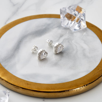 Silver Plated Heart Halo Earrings Created with Zircondia® Crystals