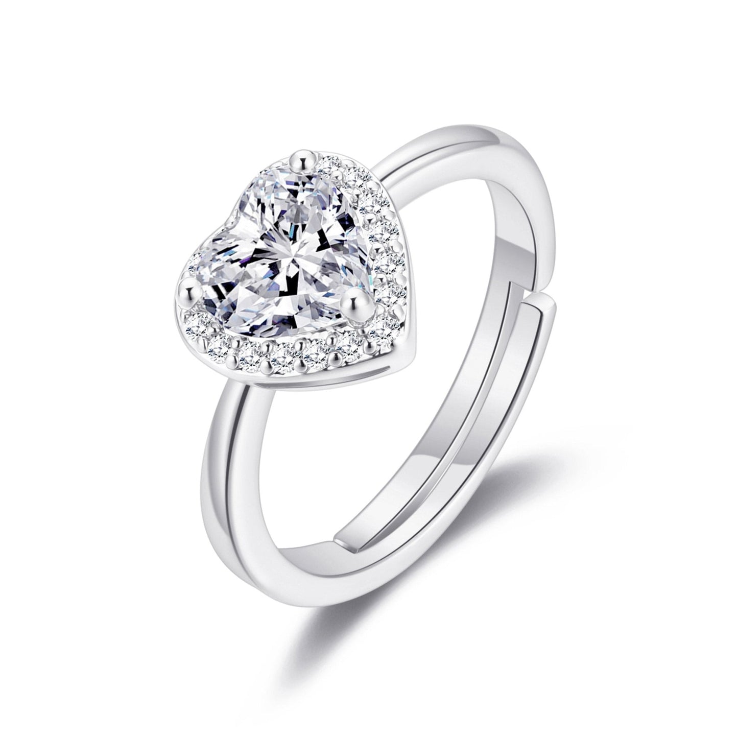 Silver Plated Heart Halo Ring Created with Zircondia® Crystals