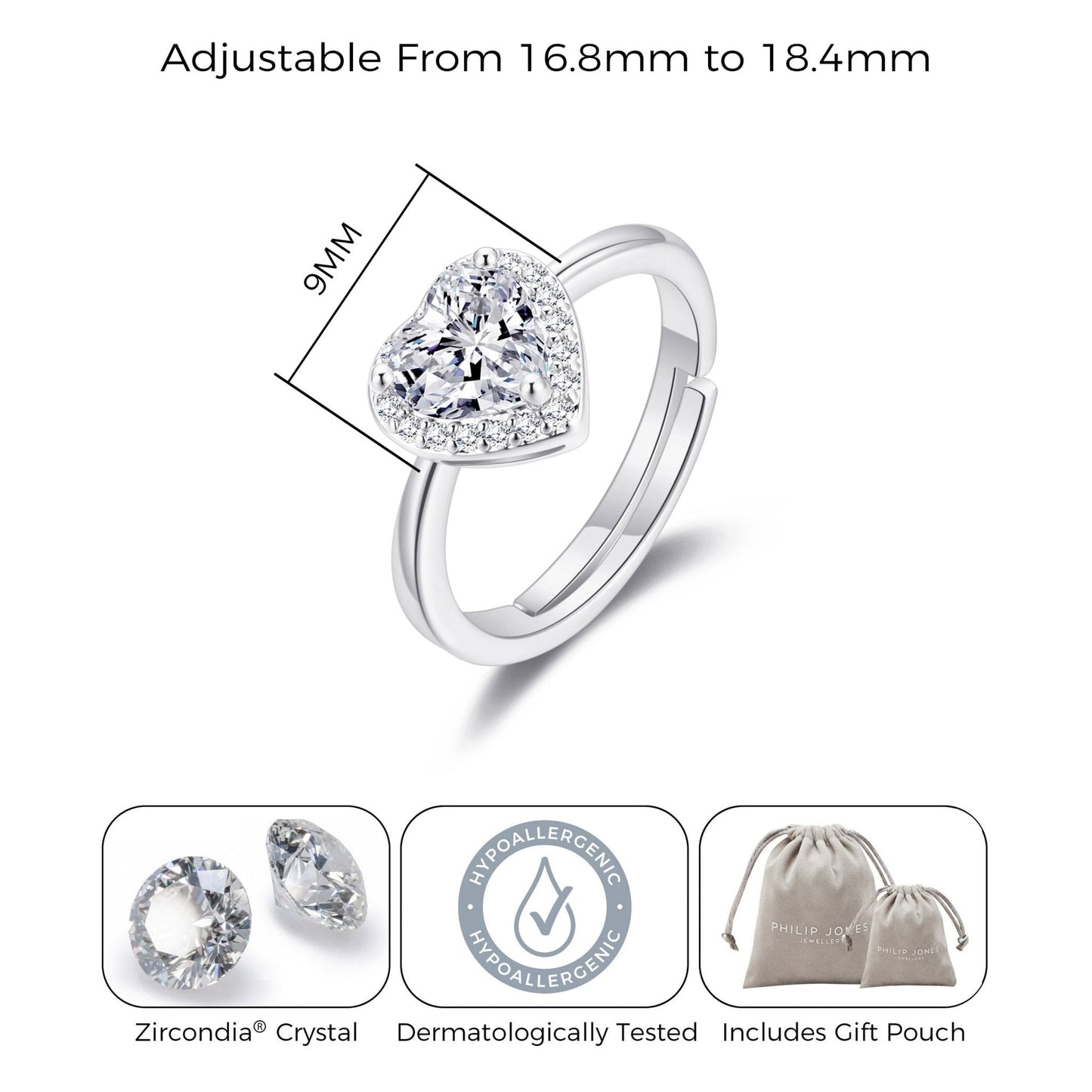 Silver Plated Heart Halo Ring Created with Zircondia® Crystals