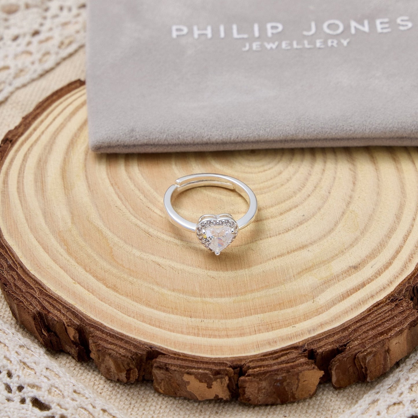 Silver Plated Heart Halo Ring Created with Zircondia® Crystals