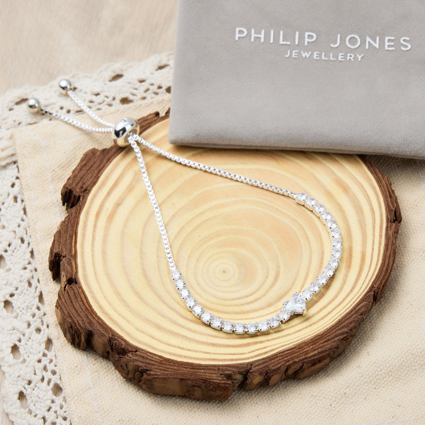 Silver Plated Heart Solitaire Friendship Bracelet Created with Zircondia® Crystals