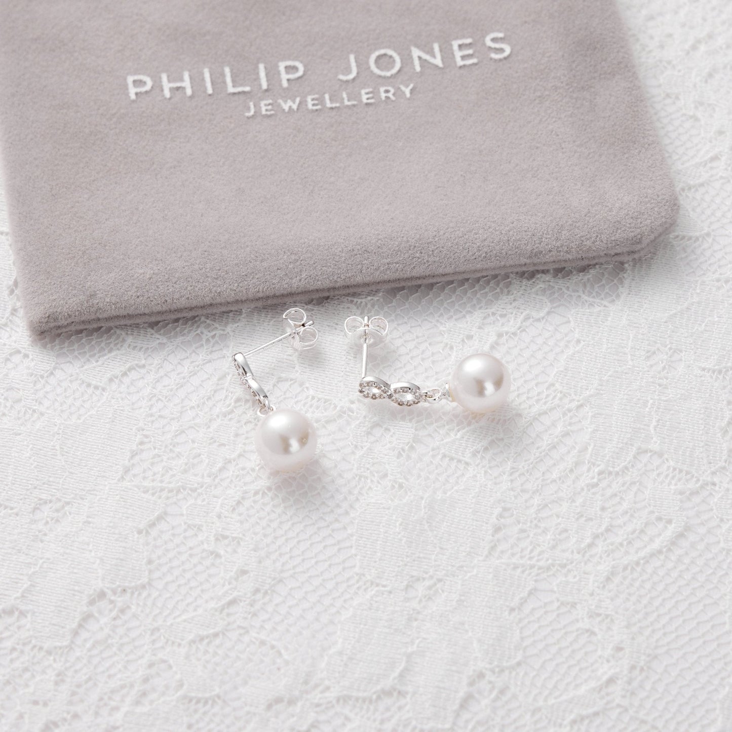 Silver Plated I Couldn't Say I Do Without You Infinity Pearl Drop Bridal Earrings with Zircondia® Crystals