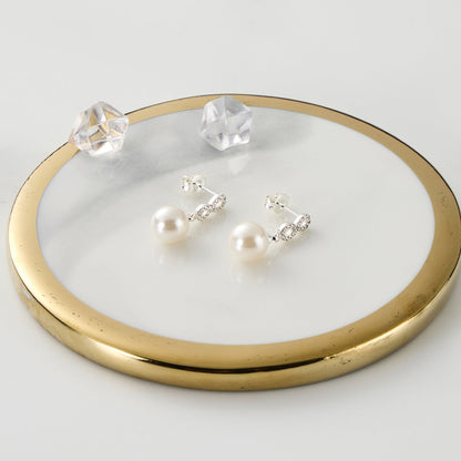 Silver Plated Infinity Pearl Drop Earrings Created with Zircondia® Crystals