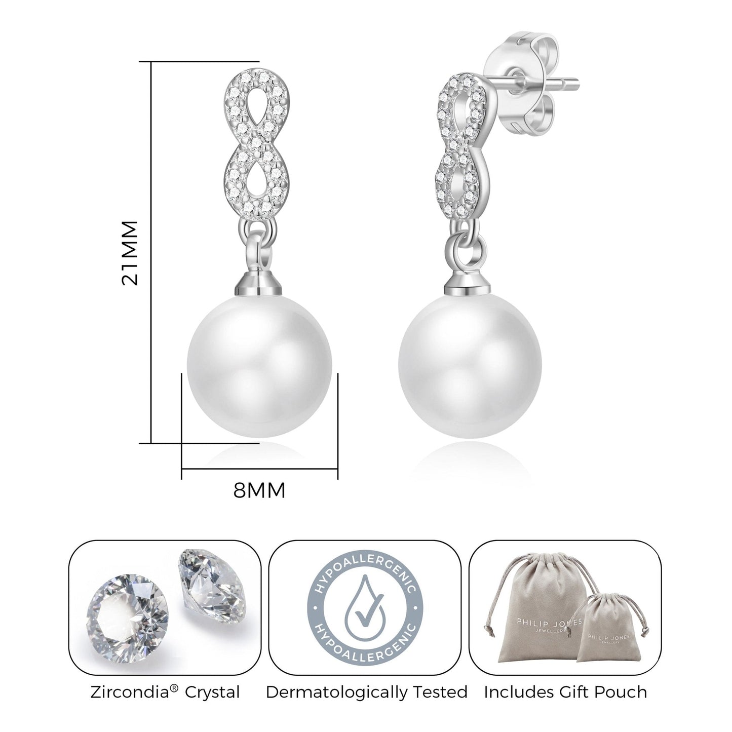 Silver Plated I Couldn't Say I Do Without You Infinity Pearl Drop Bridal Earrings with Zircondia® Crystals