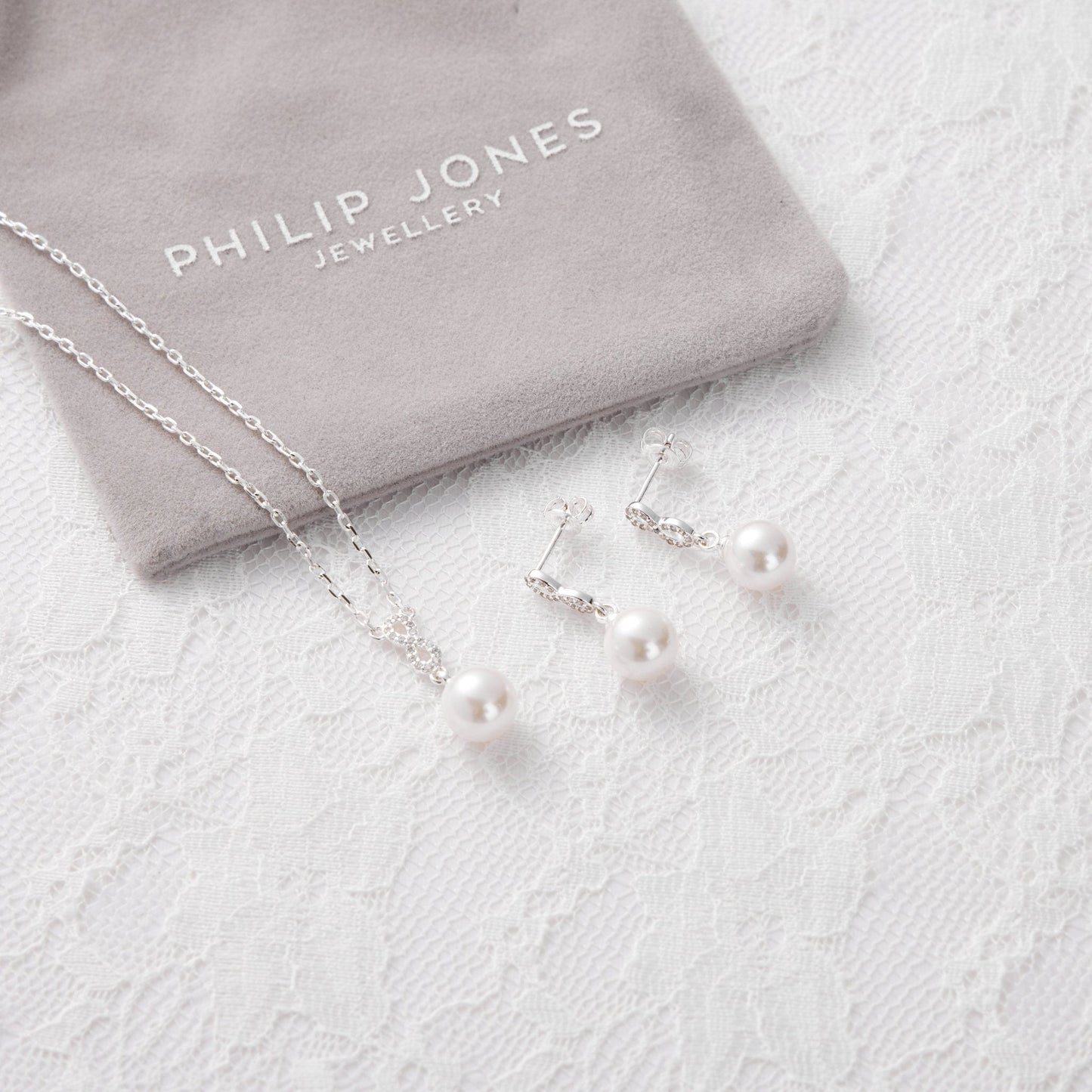 Silver Plated I Couldn't Say I Do Without You Infinity Pearl Drop Bridal Set with Zircondia® Crystals