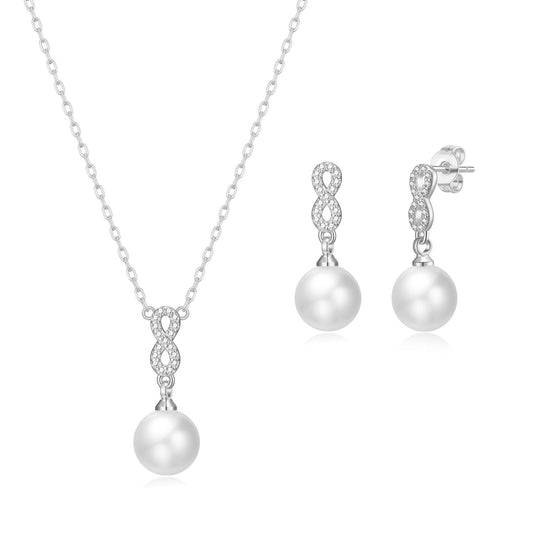 Silver Plated I Couldn't Say I Do Without You Infinity Pearl Drop Bridal Set with Zircondia® Crystals