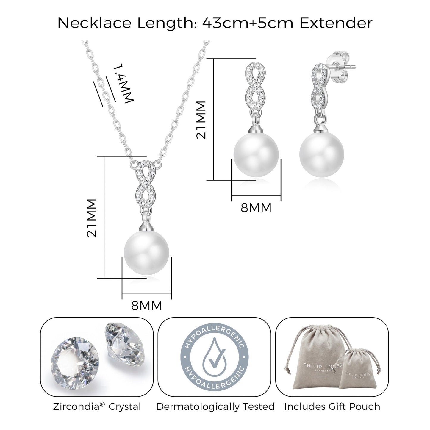 Silver Plated Infinity Pearl Drop Set Created with Zircondia® Crystals