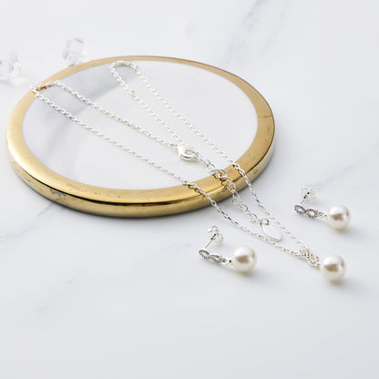 Silver Plated Infinity Pearl Drop Set Created with Zircondia® Crystals