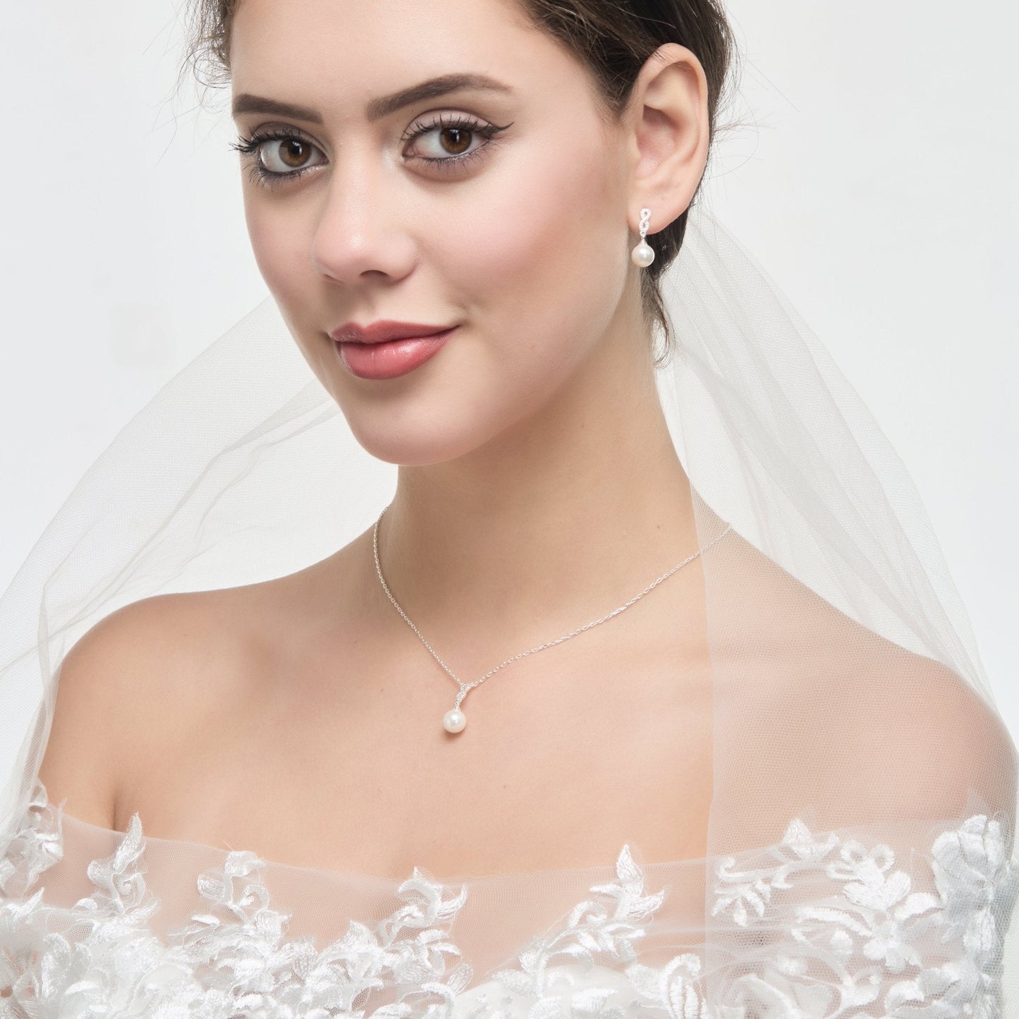 Silver Plated I Couldn't Say I Do Without You Infinity Pearl Drop Bridal Set with Zircondia® Crystals