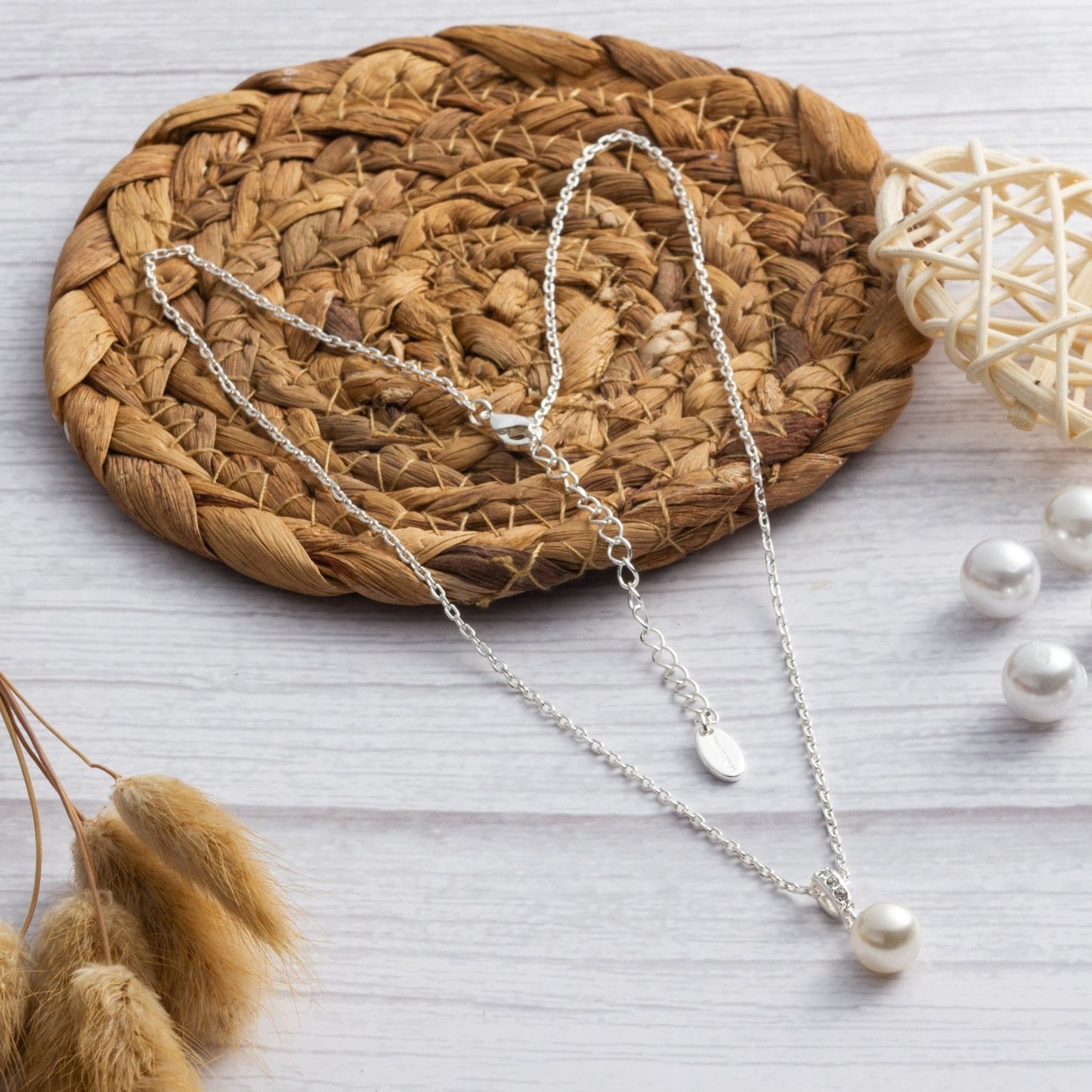 Silver Plated Pearl Drop Necklace Created with Zircondia® Crystals